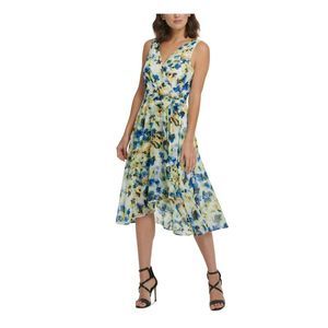 DKNY Womens Blue Belted Lined Floral Surplice Neckline Midi Wear To Work Dress 6